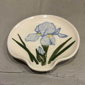 Handmade Floral‎ Pottery Spoon Rest with Blue Iris Design